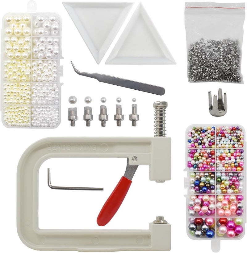 SHRJ Pearl Setting Tools Hand Press Machine with Colorful Pearl Beads, Rivet Studs and Tweezers, for Decorating Clothes, Dresses, Bag, Hair Band or DIY Crafts - Image 1